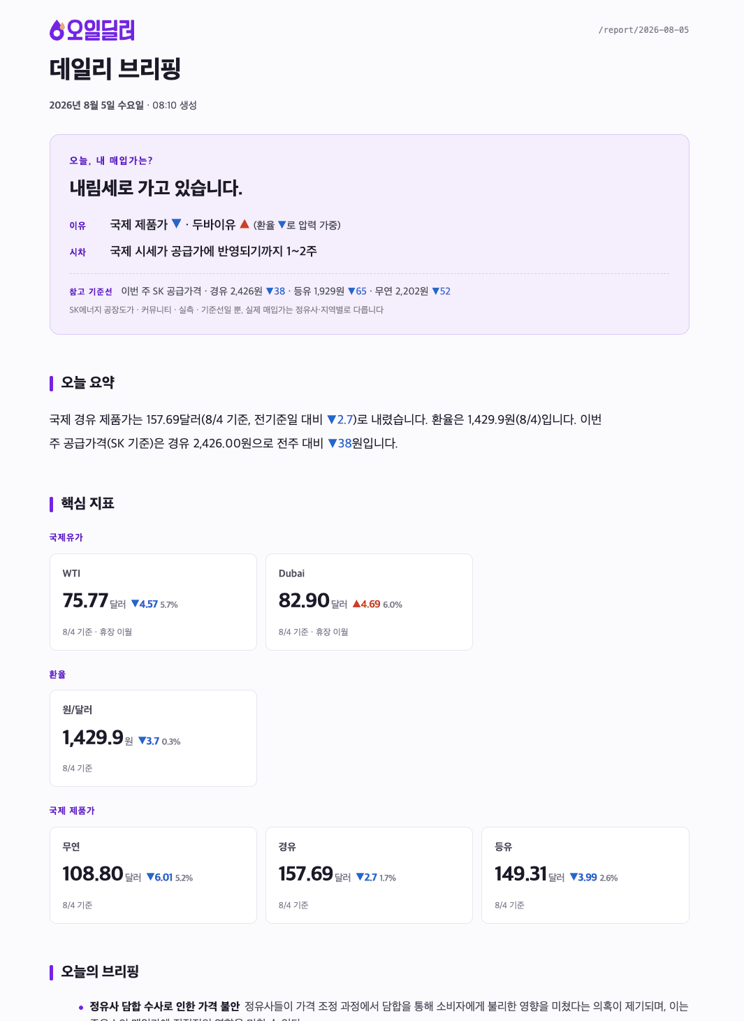 오늘의 결론과 정유사 공장도가, 국제유가·환율 지표가 정리된 데일리 브리핑 발행물